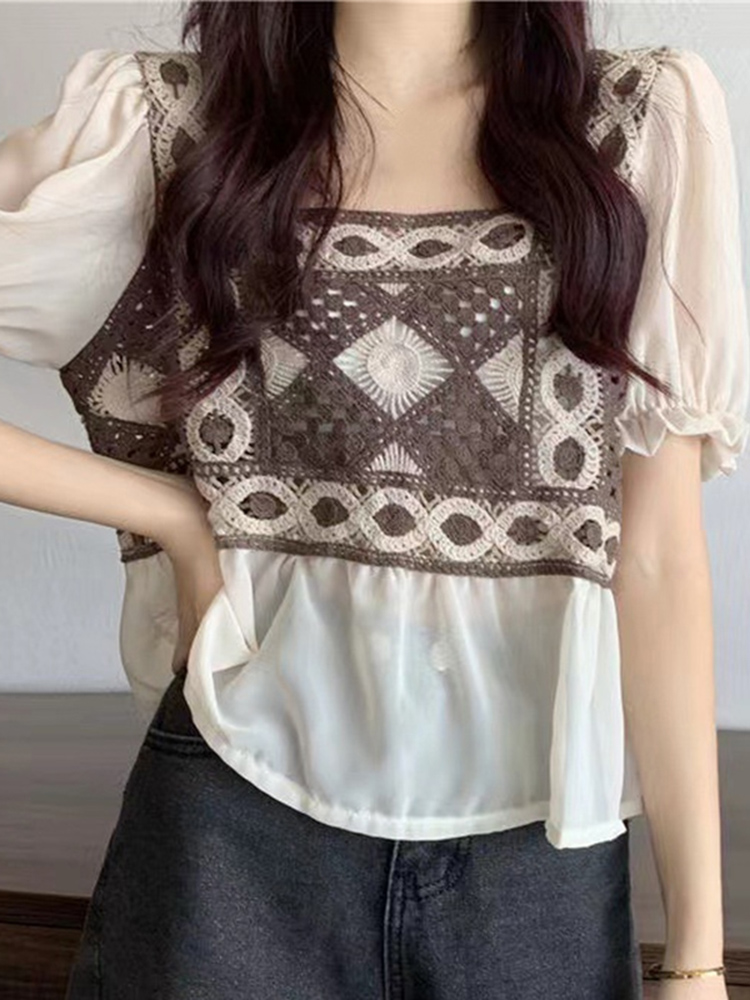 ZANZEA Elegant Knitting Patchwork Tops Fashion Square Collar Blouse Women Puff Sleeve Sweet Summer Transparent Chiffon Blusas alx