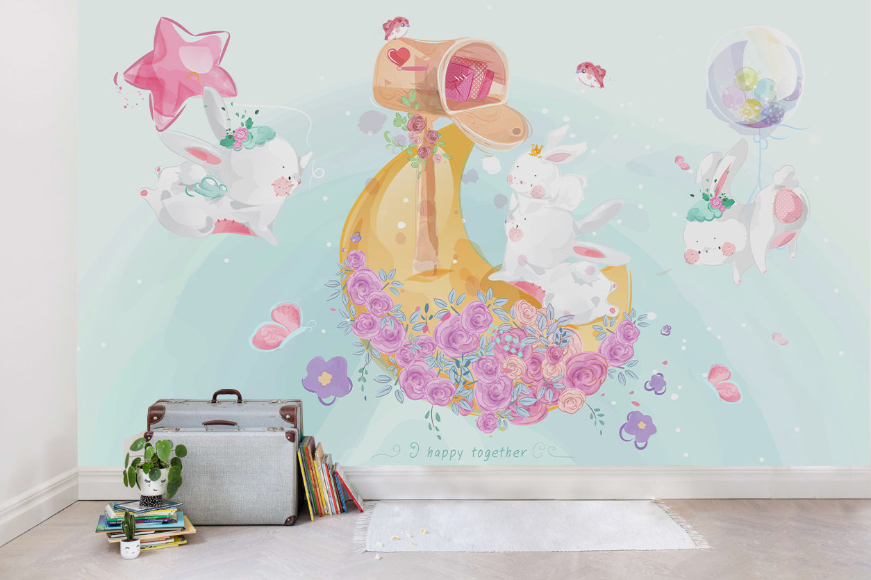 3D Moon Rabbit Floral Wall Mural Wallpaper Sww  20