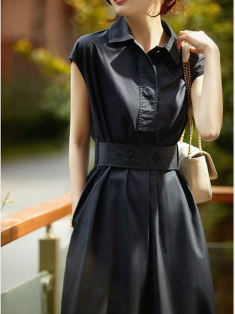 2022Summer New Shirt Collar Ladies Dress Lace Up Retro Gentle French Fashion Commuter Short Sleeve Dress Office Dating Dresses alx