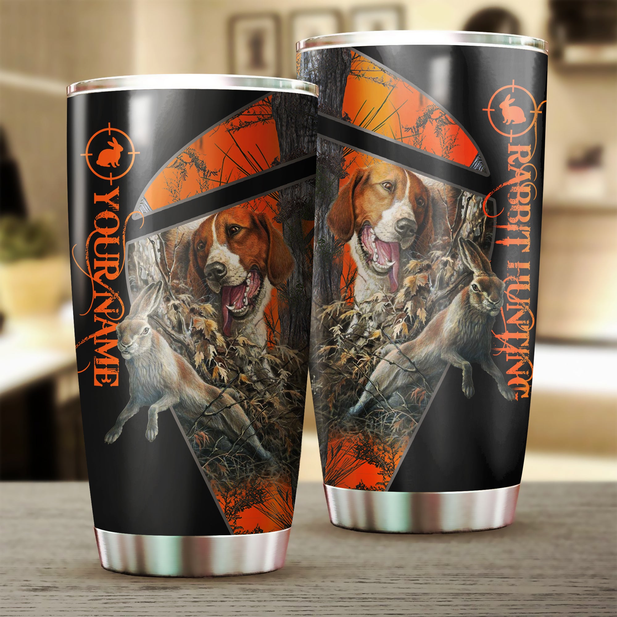 1Pc Rabbit Hunting With Beagle 3D Orange Camo Custom Hunting Stainless Steel Tumbler Cup, Personalized Rabbit Hunting Gifts Nqs2581