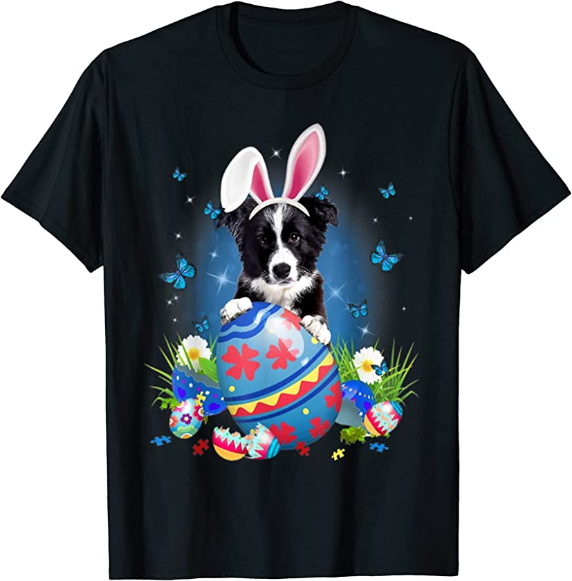 Bunny Border Collie With Egg Basket Easter Flower Hunting T-Shirt