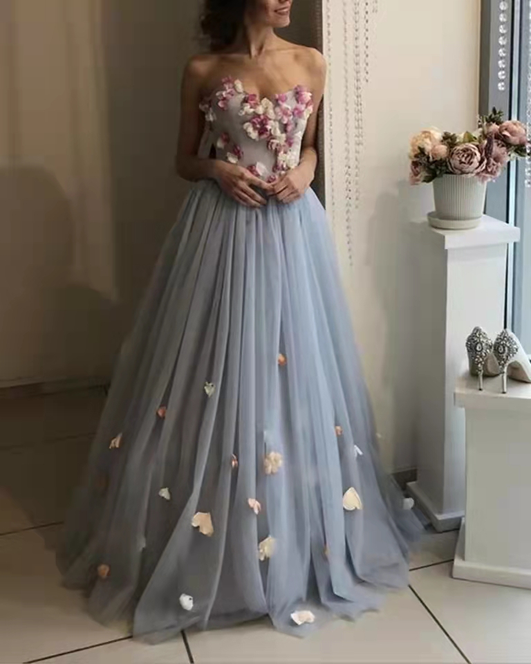 2022 Elegant Light Dusty Blue 3D Flower Long Evening Dresses Floral Evening Gowns Plus Size Lace Up New robes de soirée alx