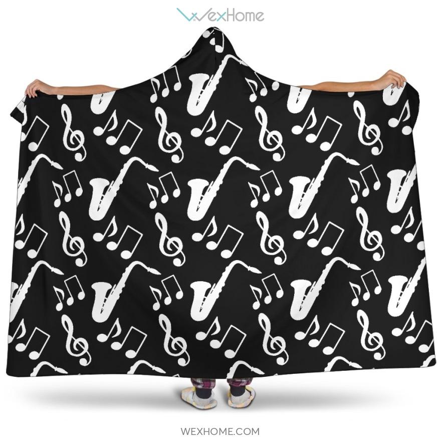 Saxophone Music Notes Treble Clef Black White Theme Hooded Blanket