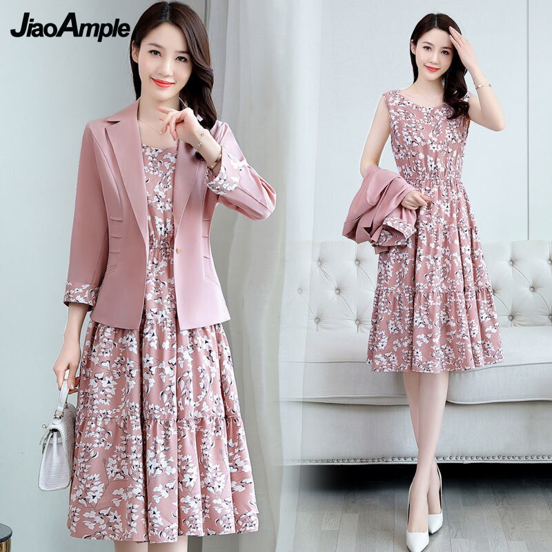 2022 Spring Autumn New Suit Floral Dress Two-piece Women’s Elegant Blazers Jacket Skirt Set Korean Fashion Professional Wear alx