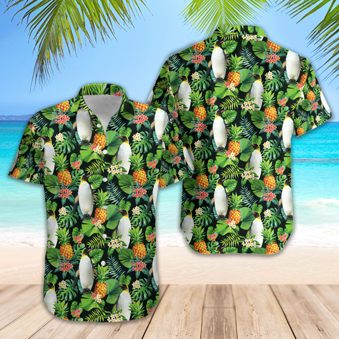 Penguin Pineapple Tropical Summer Cool Leaf Shirt Regular Fit Short Sleeve Slim Fit Casual Full Print Shirt