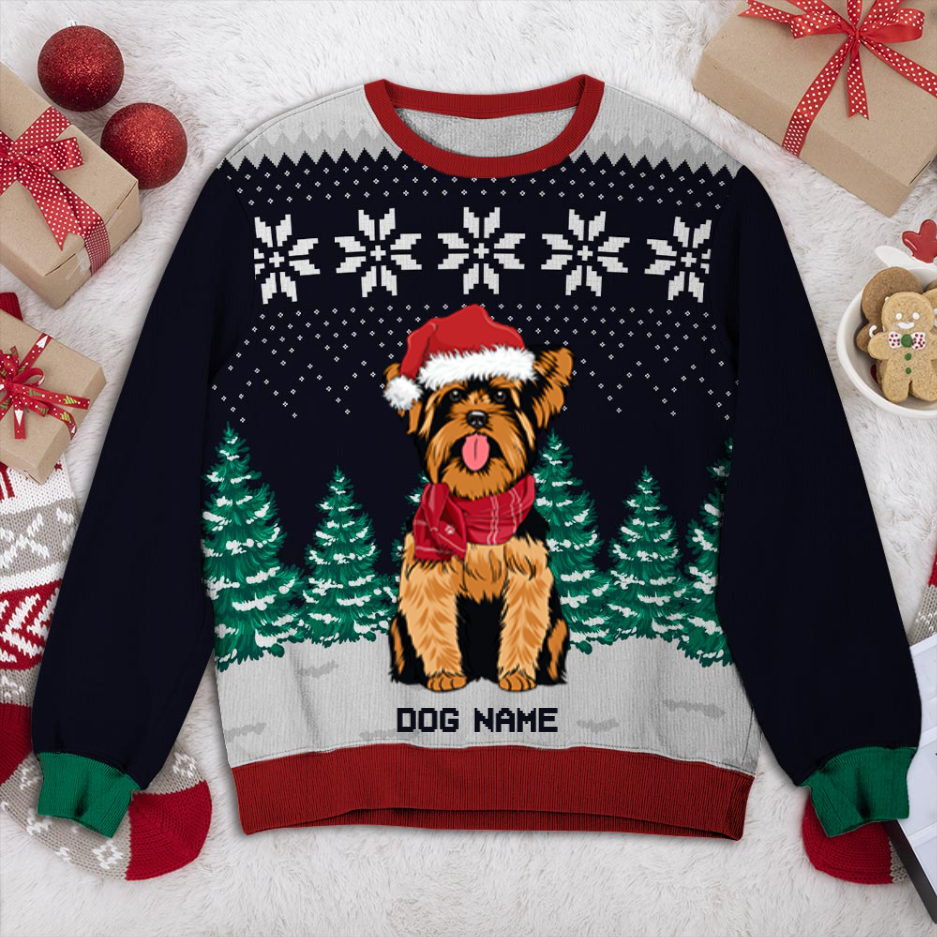 Yorkshire Terrier Dog And Christmas Tree Personalized Sweater, Dog Ugly Christmas Sweater