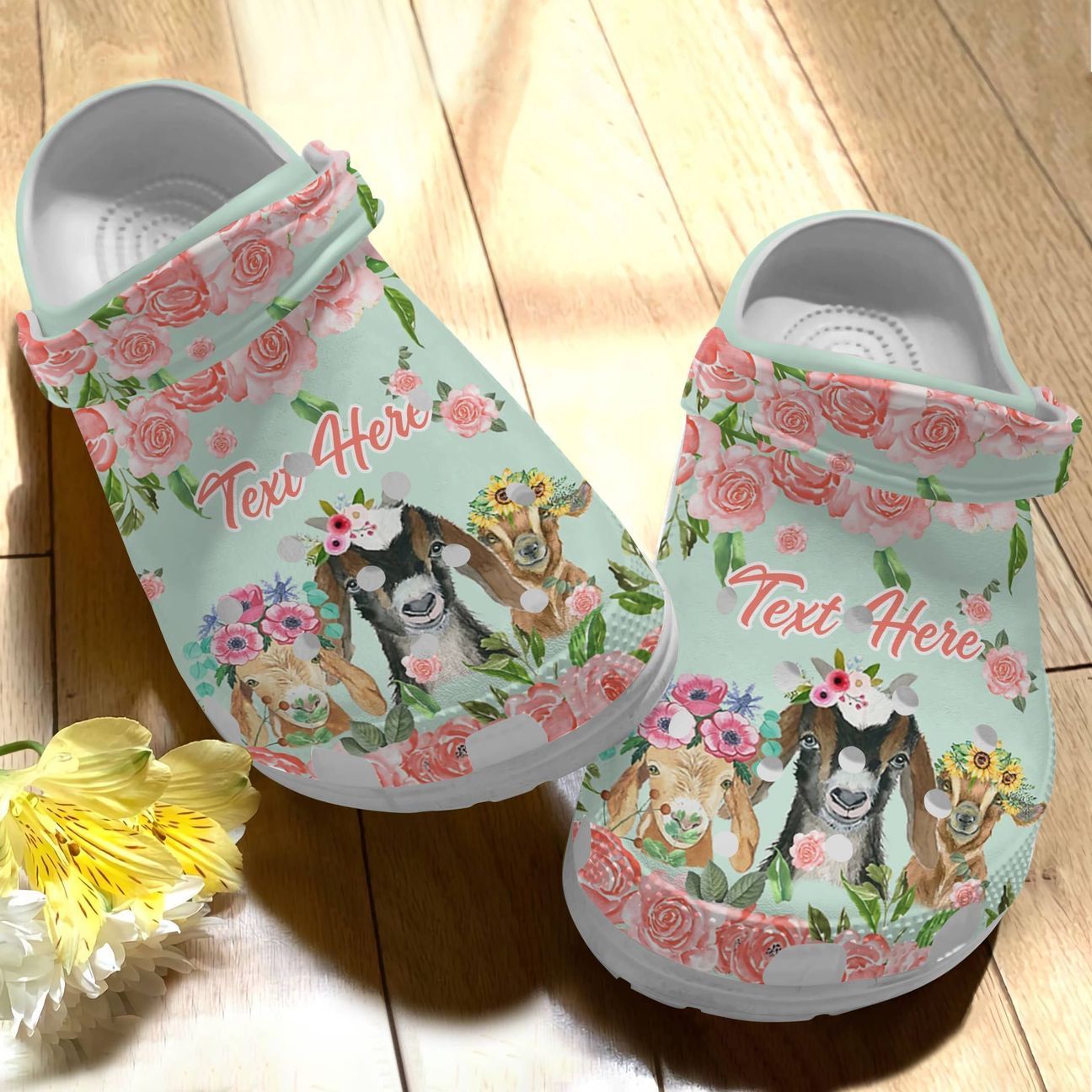 Goat Personalize Clog, Custom Name, Text, Fashion Style For Women, Men, Kid, Print 3D Whitesole Flowers