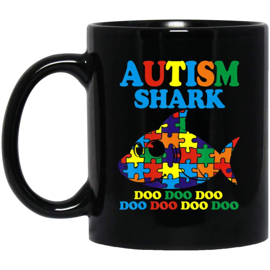 Autism Shark Doo Doo Doo Autism Awareness Month 11oz 15oz Black Mug Idea 2nd April Puzzle Ribbon Support Autism Dad Mom Kids Autistic