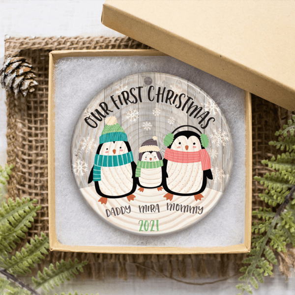 Personalized Our First Christmas Penguin Ornament, Family Of 3 Christmas Ornament