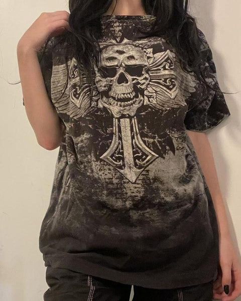 Skull Cross Grunge Graphic T Shirt  For Men  For Women