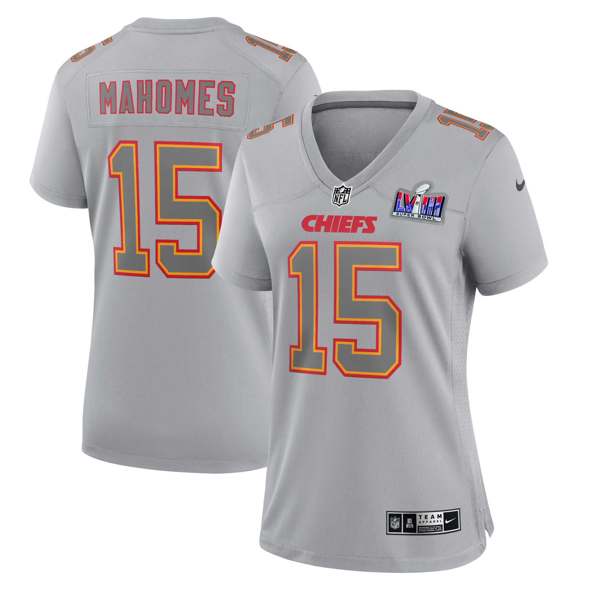 Patrick Mahomes Kansas City Chiefs Women's Super Bowl LVIII Atmosphere Fashion Game Jersey – Gray