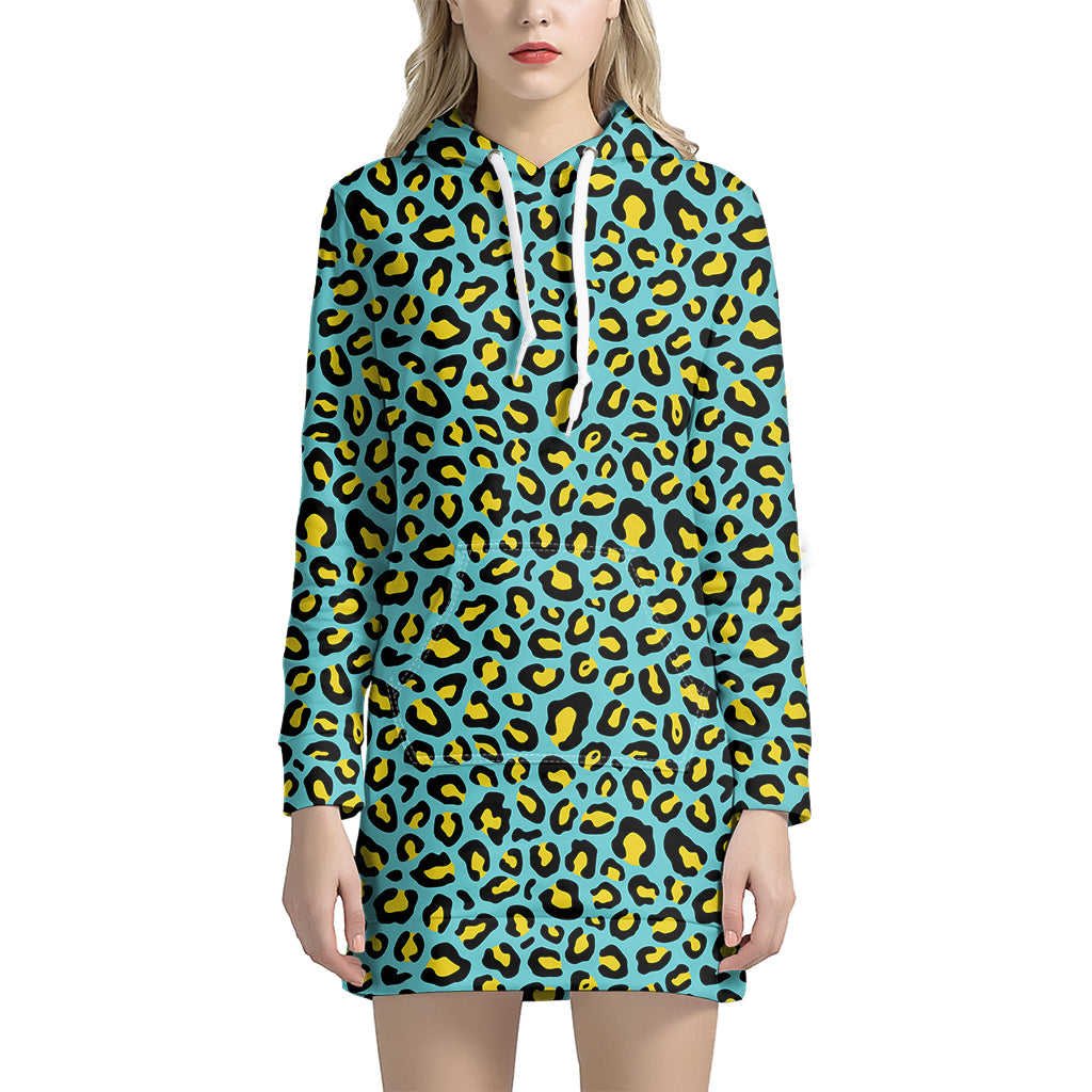 Teal And Yellow Leopard Pattern Print Women’S Pullover Hoodie Dress