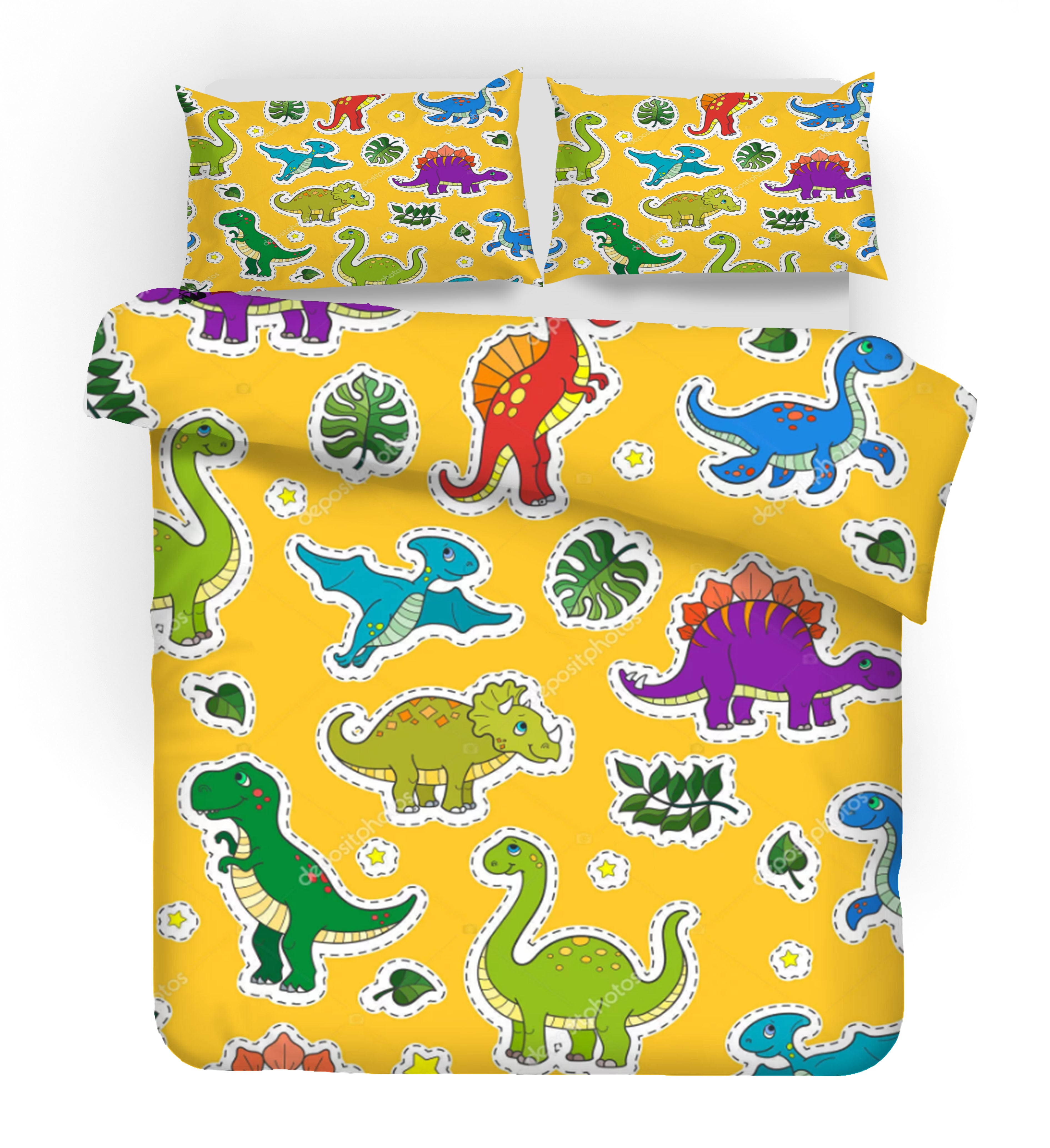 3D Cartoon Animal Dinosaur Leaf Yellow Quilt Cover Set Bedding Set Duvet Cover Pillowcases 50