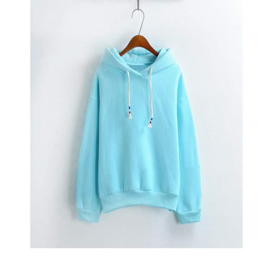 Womens Hooded Sweatshirt New Candy Color Lake Blue Long Sleeved Thick Casual All-match Solid Leisure Hoodie Loose Top