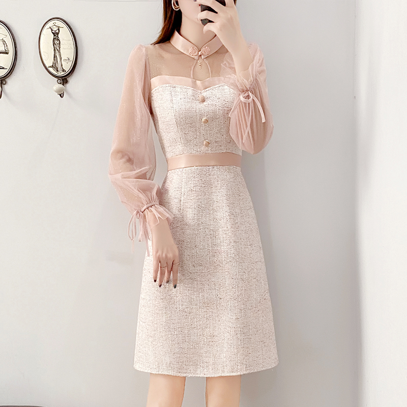 SMTHMA Vintage Pink Patchwork Flare Long-Sleeved Tweed Dress Ladies New Autumn Elegant Woolen Dress Vestidos alx