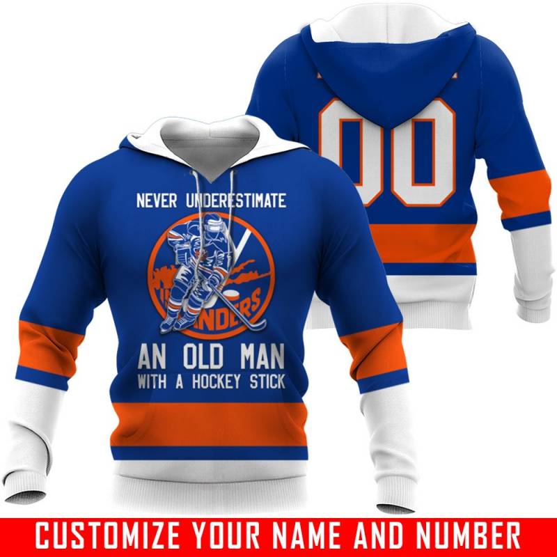 Never Underestimate An Old Man With A Hockey Stick – New York Islanders – CUSTOMIZE NAME AND NUMBER – HOT SALE 3D PRINTED – NOT IN STORE