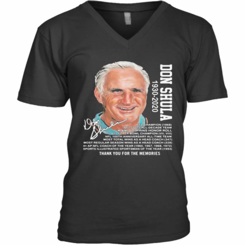 Don Shula 1930 2020 Miami Dolphins Thank You For The Memories Signature V-Neck T-Shirt