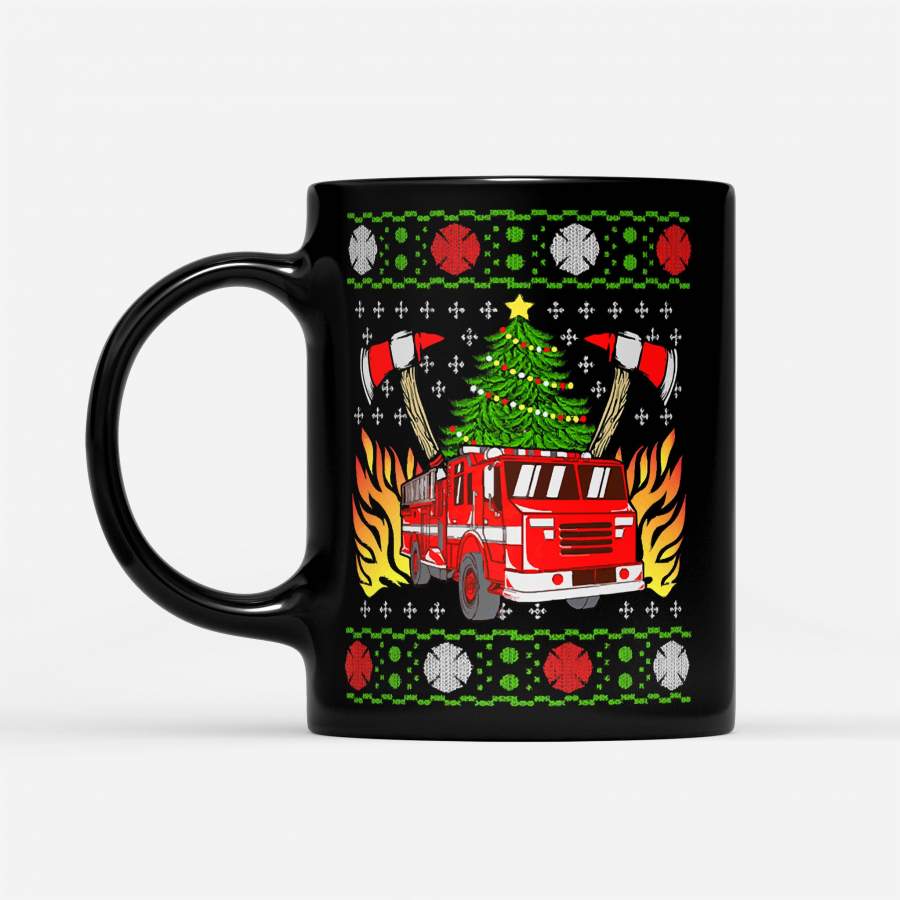 Ugly Christmas Firefighter Fire Truck Axe – Black Mug