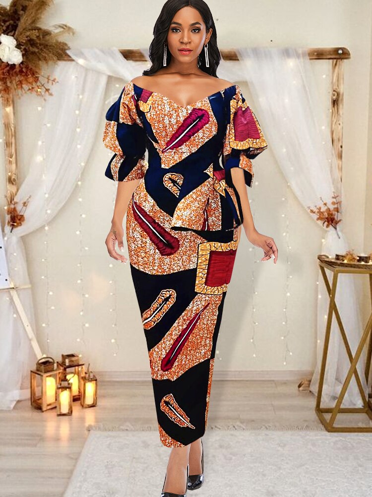 Vintage Print Bodycon Dress Women Peplum Puff Sleeves Bare Shoulder Party Evening Elegant Fashion Luxury Formal Slim Pencil Gown alx