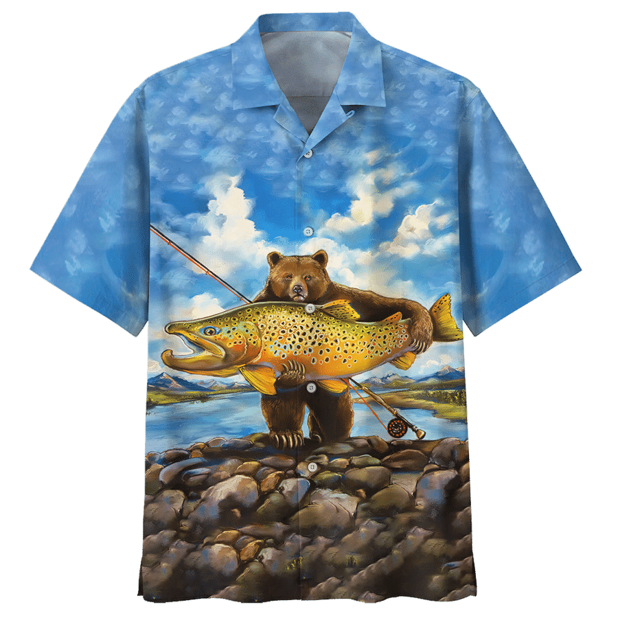 Bear Goes Fishing In The Sea Hawaii Aloha Shirt Made Or Beach Shorts Ha5079