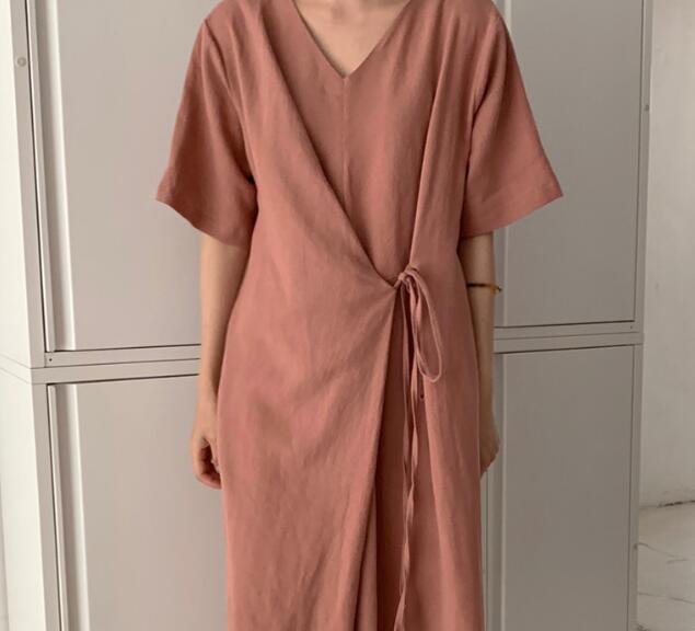 2020 Women Summer Beige Cotton and Linen V Neck Lacing Up Long Loose Dress Straight Cozy Casual Midi Sundress alx