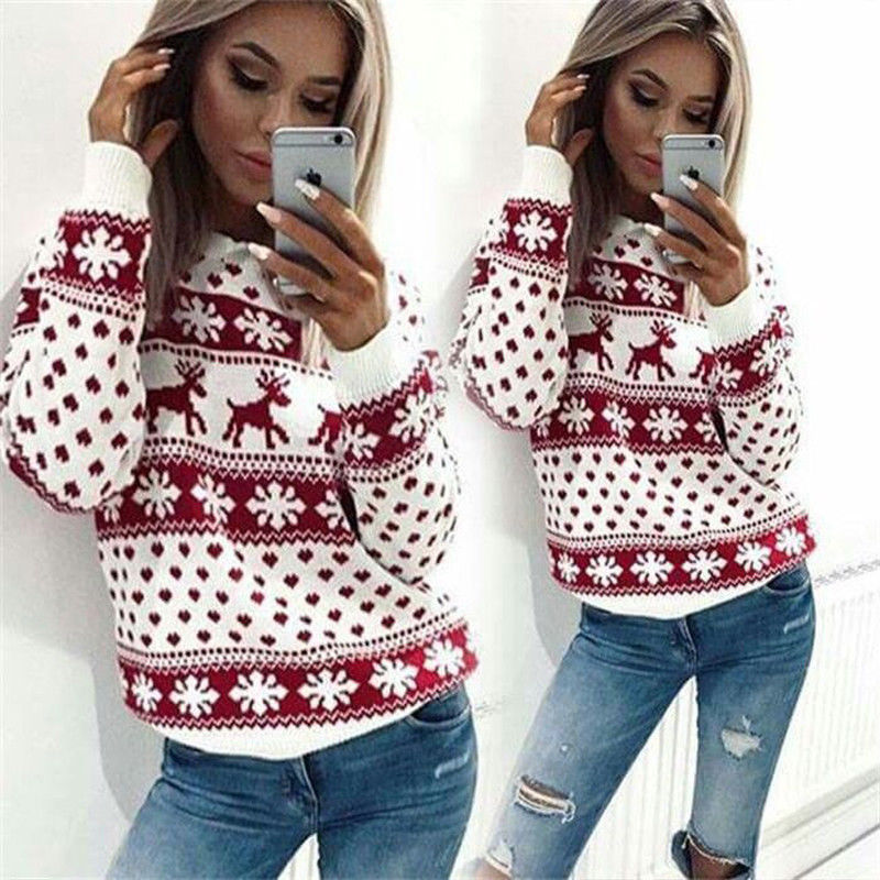 2020 Women Fall Winter Christmas Casual Sweater Ladies Knitted Sweaters Women Sweater Snowflake Elk Print Pullover Xams Arrivals alx