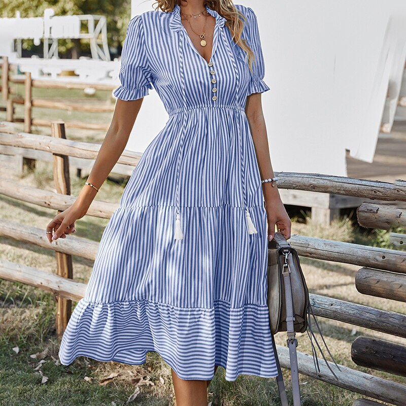 2022 Summer V-Neck Vertical Striped Dress Women Flounce Sleeve Tassel Tie Neck Ruffle Hem Elegant Commuter Dress Female Vestido alx