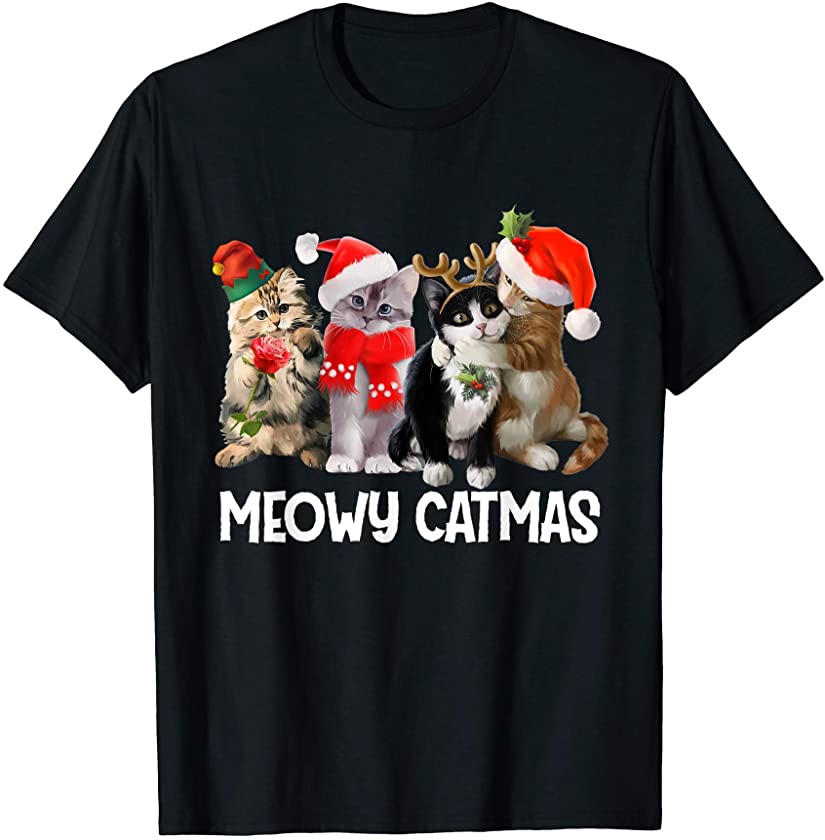 Meowy Catmas Kawaii Anime Cats Christmas Present Cat Kitten T-Shirt