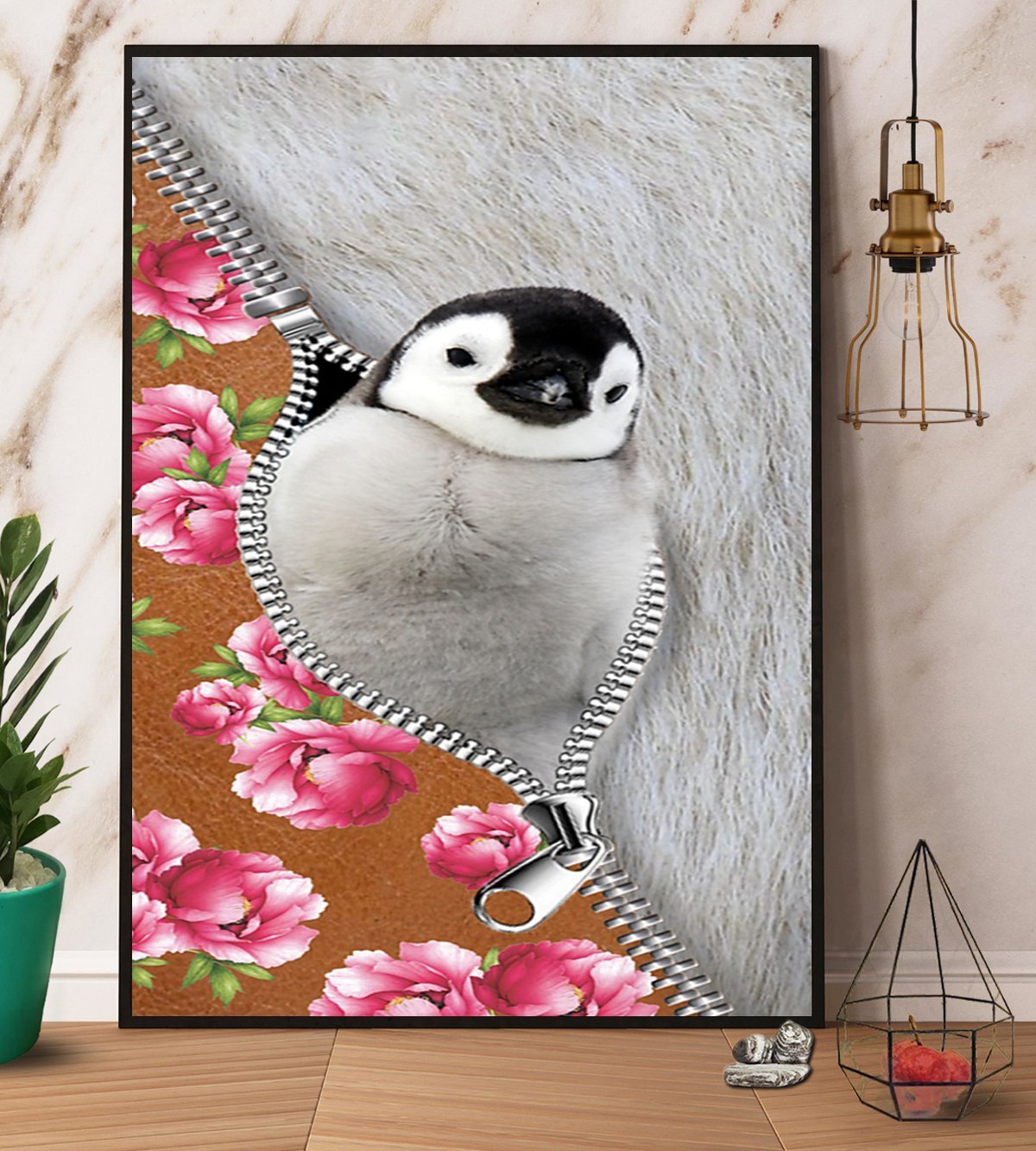 Penguin Pink Peonies And Fur Zipper For Animal Lover Black Poster No Frame