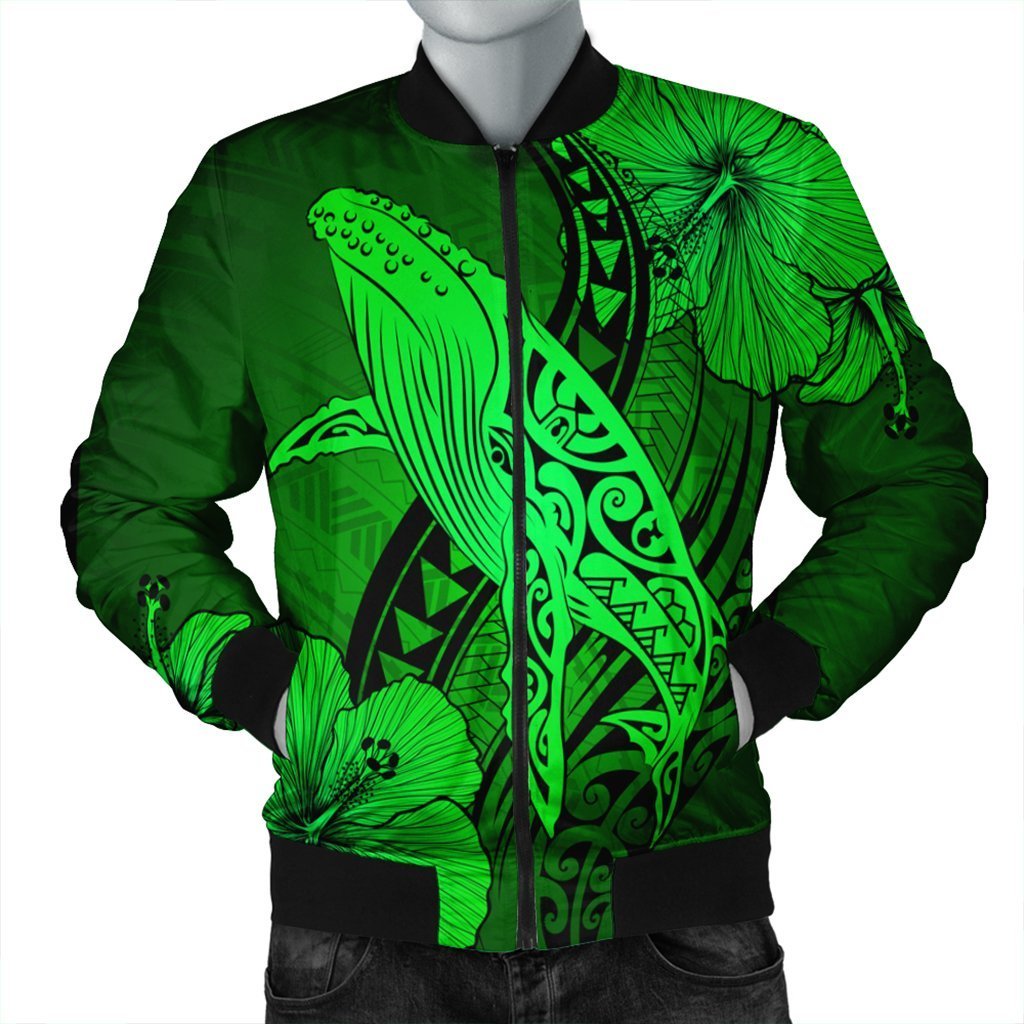 Hawaiian Map Whale Swim Hibiscus Polynesian Bomber Jacket – Green