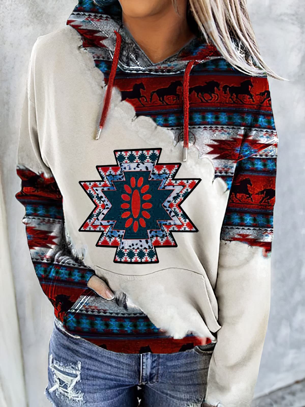 Women’s Casual Loose Pullover Hooded Sweatshirt Vintage Sweatshirt Ethnic Aztec Geometric Print Drawstring Hooded Sweatshirt alx