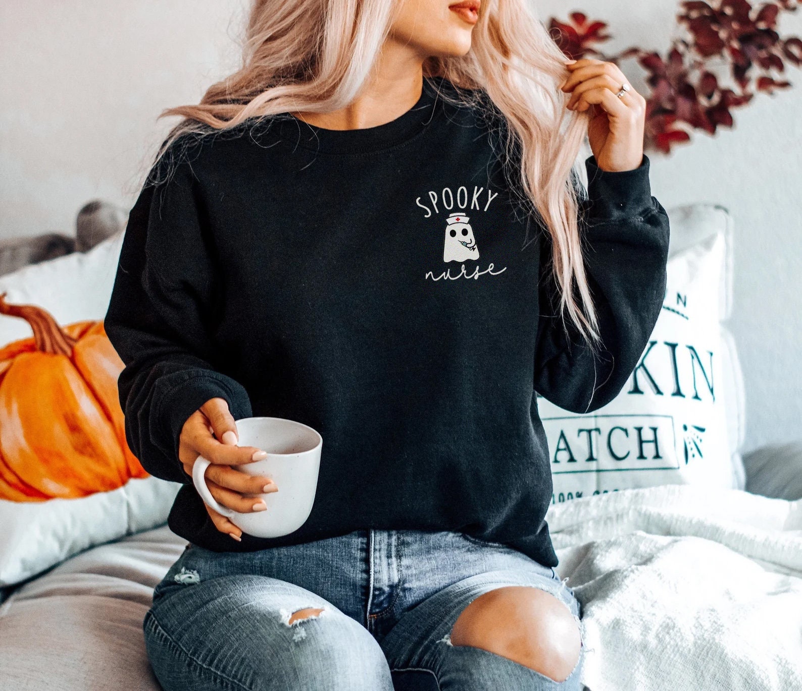 Spooky Nurse Sweatshirt | Fall Halloween Nurse Minimalist Crewneck Sweater, Cute Ghost Pumpkin Scary Autumn ER ICU Rn Gift Oversized Shirt