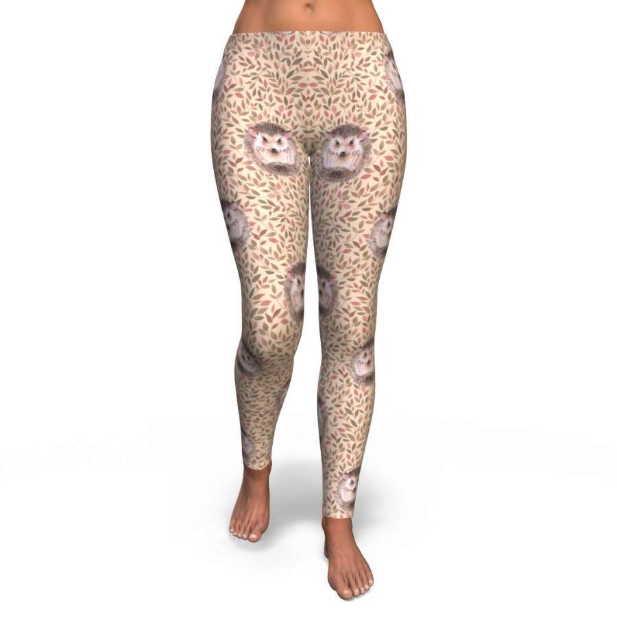 Brown Leaf Hedgehogs Pattern Print Pattern Women Leggings