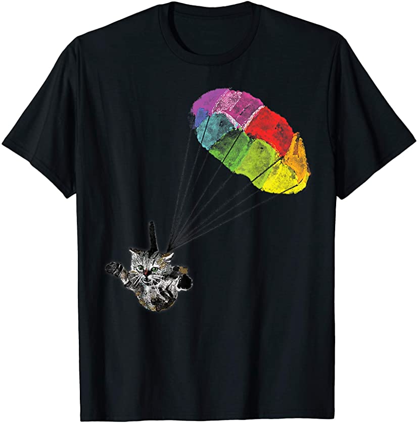 Cute Cat Parachute Skydiver Kitten Funny Kitty Rainbow Art T-Shirt