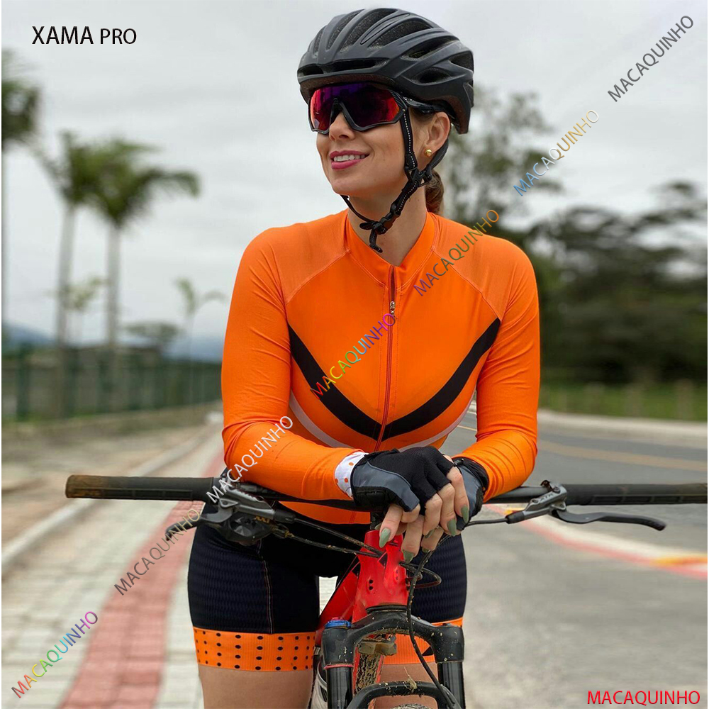 XAMA Pro Women’s Cycling Jumpsuit Free Shipping Brazil Long Sleeve Bicycle Monkey Set Orange alx