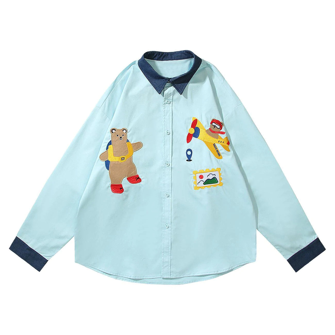 Talishko™ – Bear Plane Embroidery Long-Sleeved Shirt