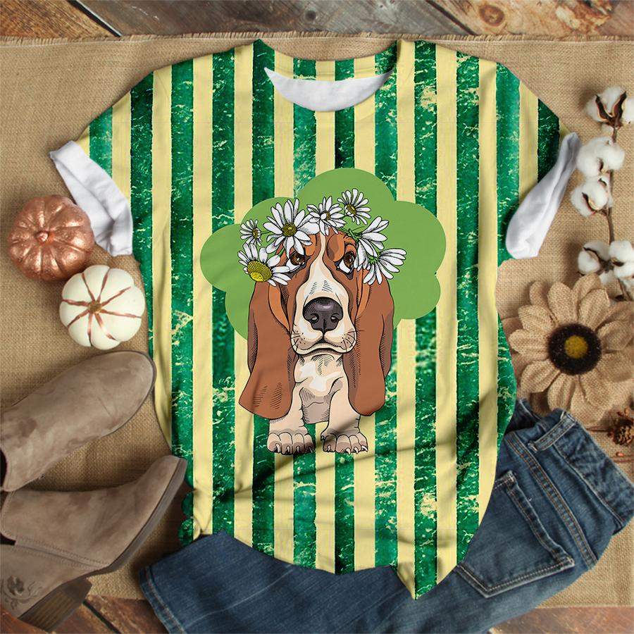 Portrait Of A Puppy Basset Hound In A Boho Chamomile Headband T-shirt