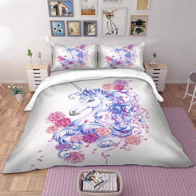 White Beauty Unicorn 3D Duvet Soft Polyester Bedding Cover Set FREE SHIPPING