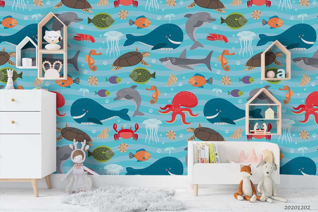 3D Cartoon Hand Drawn Colorful Ocean Dolphin Hippocampus Whale Fish Octopus Wall Mural Wallpaper Lxl