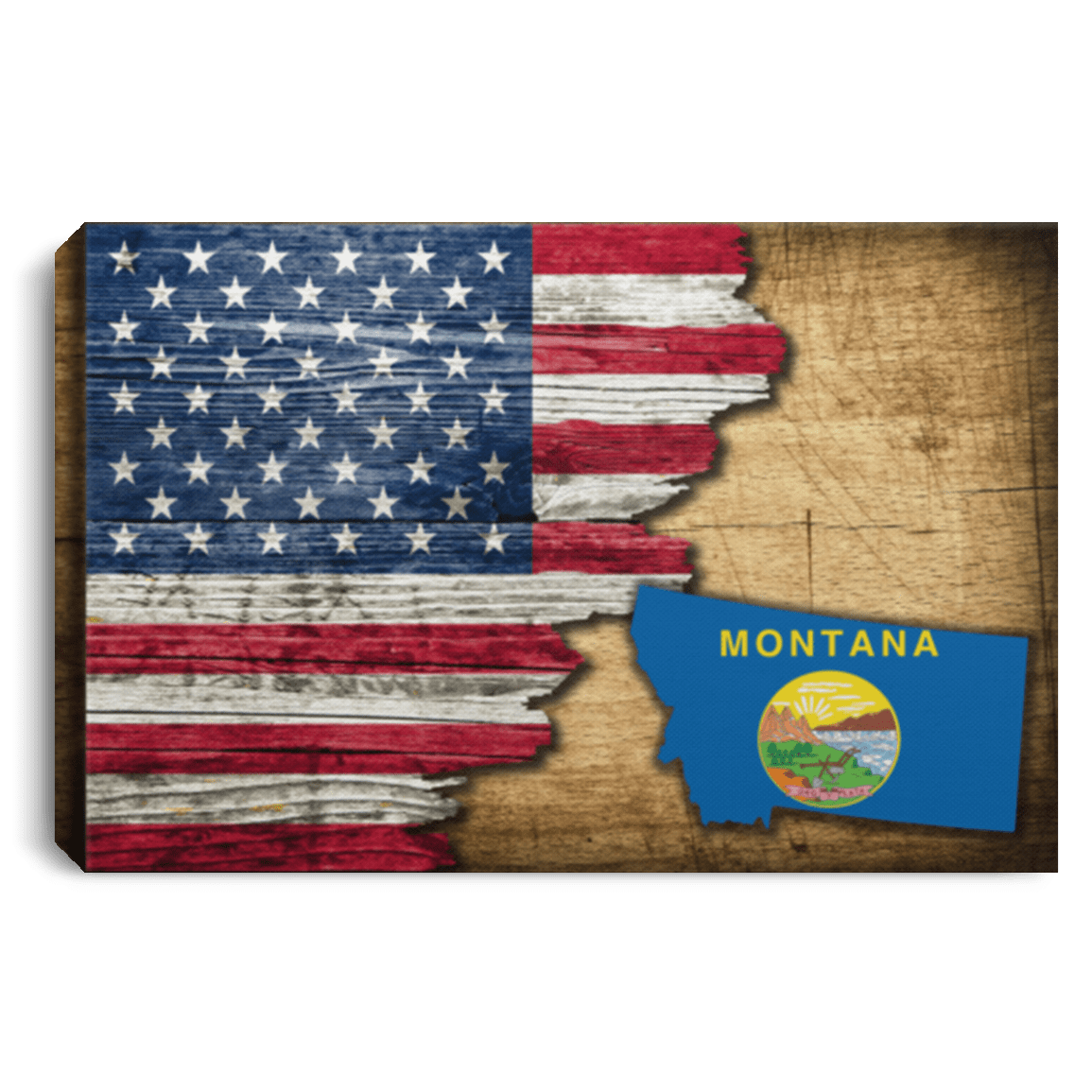 United States/Montana Flag Ripped Effect 12X8 Inches Landscape Canvas .75In Frame