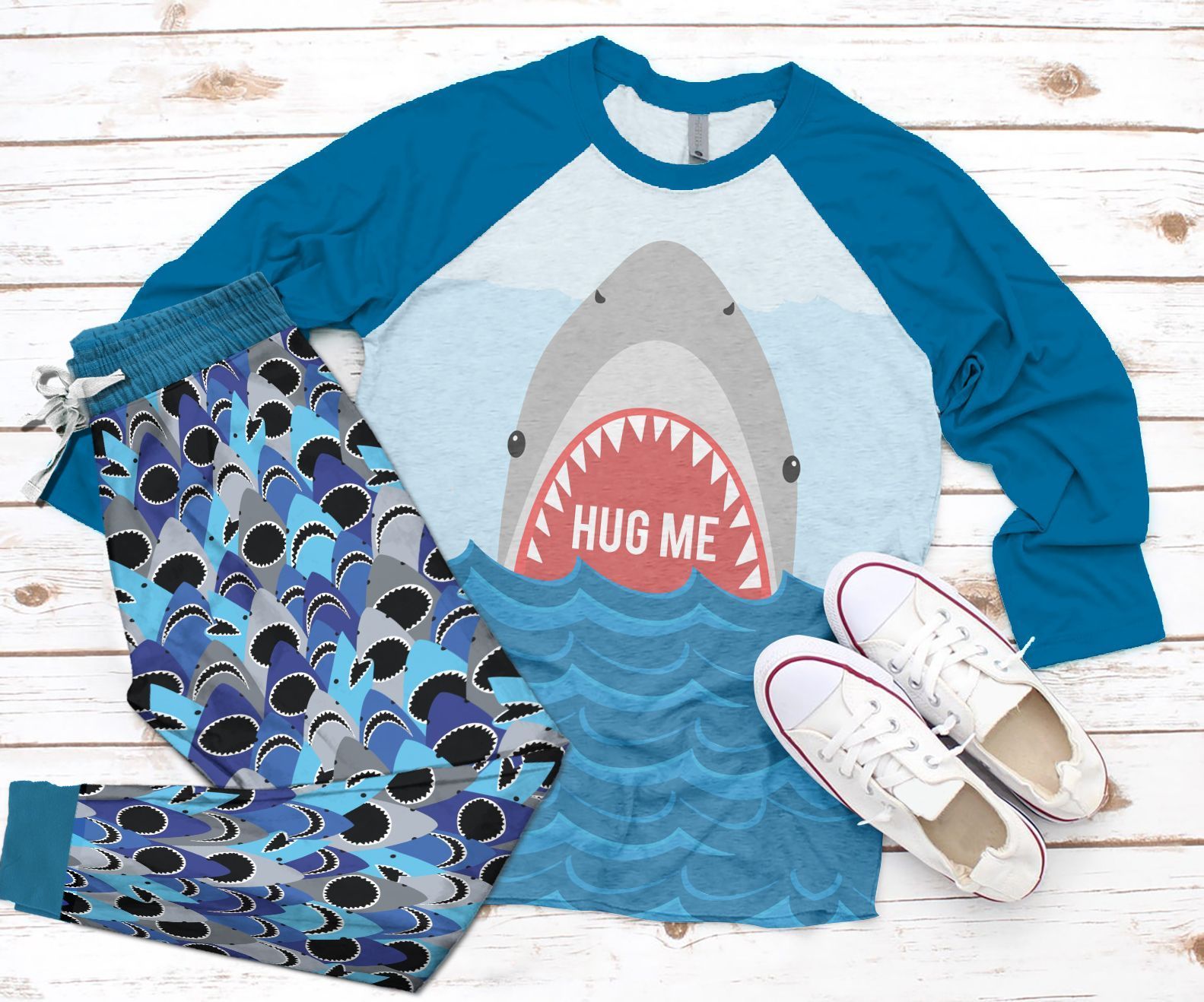 Shark Hug Me DHC05011941TH Adult Raglan Shirt And Pajamas Pant Set Pjs Sleepwear For Women