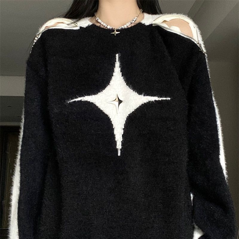 Autumn Harajuku Fashion Retro Contrast 2022 New Y2k Color Star Sweater Sexy Slash Neck Off Shoulder Long Sleeve Tops Jumpers alx