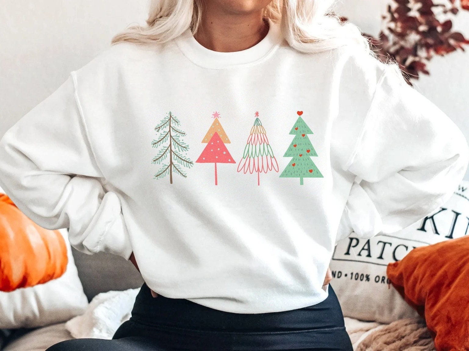 Christmas Sweatshirt for Women, Hand drawn Xmas Trees Crewneck, Christmas Sweater, Winter Tree Sweatshirt, Holiday Gift for Her