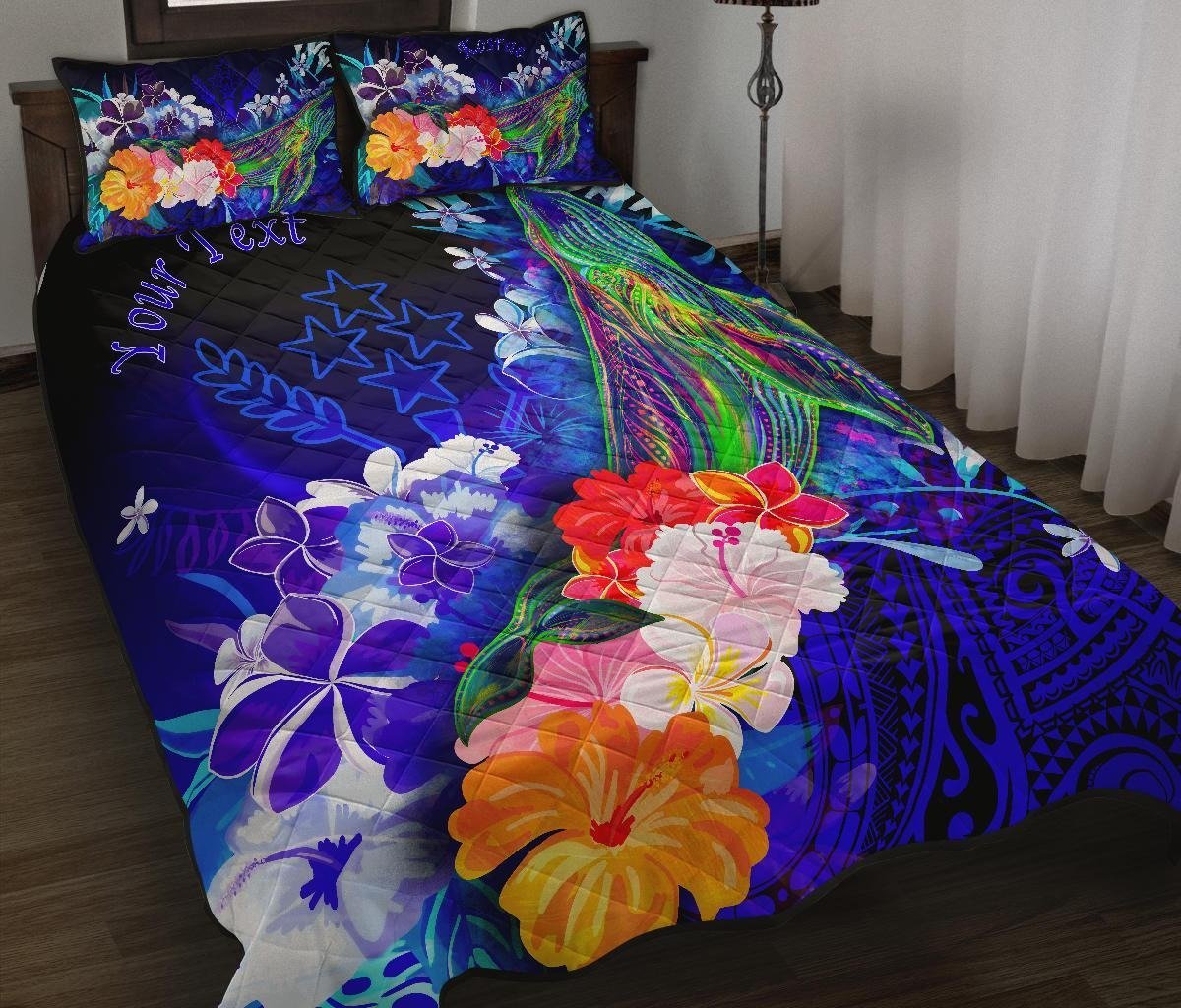 Kosrae Custom Personalised Quilt Bed Set – Humpback Whale With Tropical Flowers (Blue)