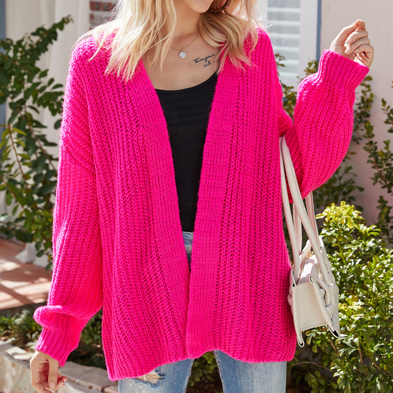 Women’s Neon Cardigan Autumn Winter Female’s Open Stitch Loose Long Knitted Sweater alx