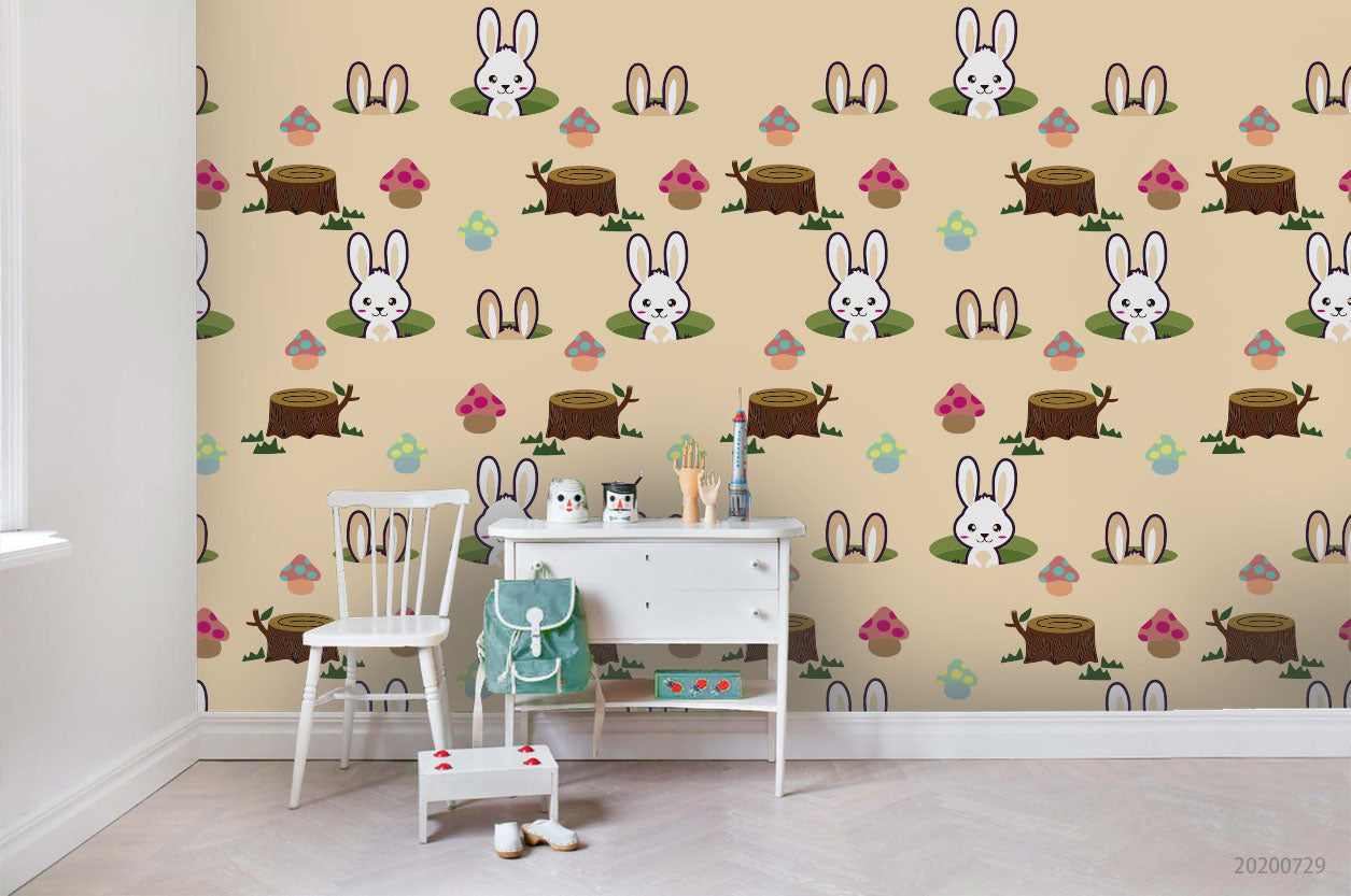 3D Cartoon Mashroom Cute Bunny Wall Mural Wallpaper Lxl 583