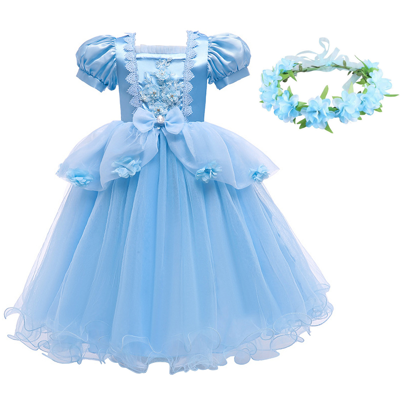 VOGUEON Luxury Cinderella Dress Girls Beading Applique Flower Princess Dresses Girl Lace Mesh Birthday Party Fancy Kids Costume alx