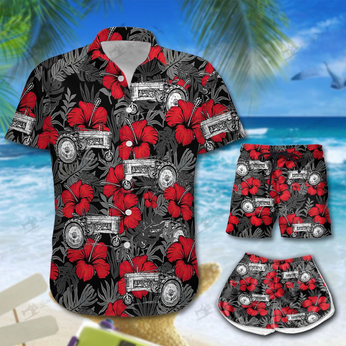 Tractor Red Hibiscus Hawaiian Shirt Shorts Ha82761