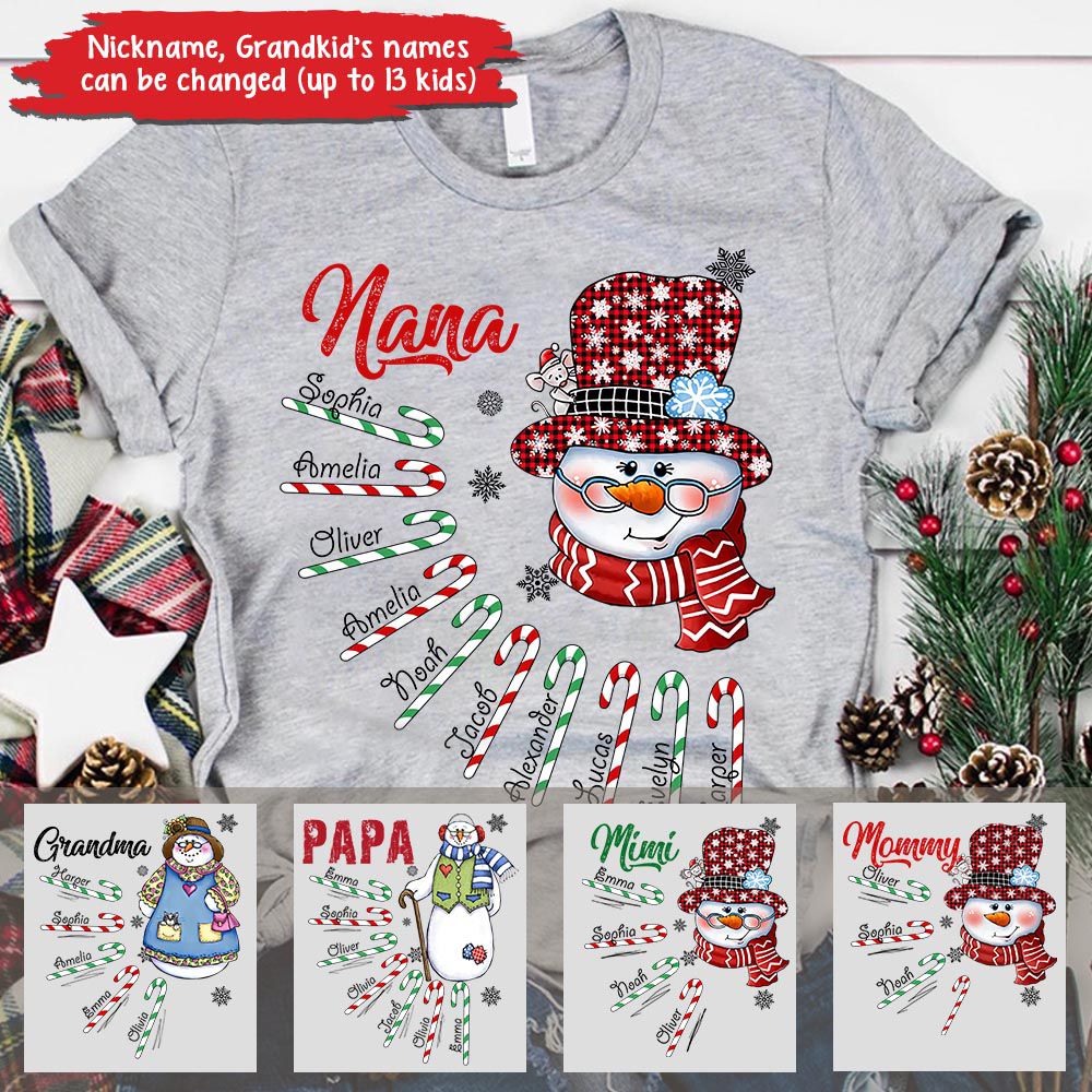 Christmas Cute Snowman Candy Cane Personalized Grandma Mom Grandpa Shirt – Crx1 Gmam298A