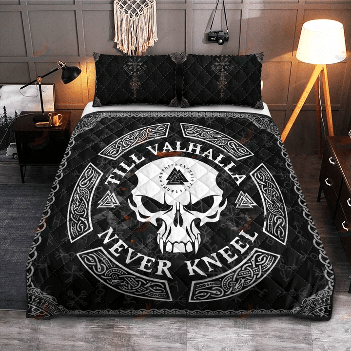 Viking Skull Tattoos Till Valhalla Nevr Kneel Quilt Bed Set #V